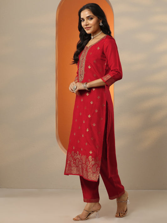 Libas Art Red Woven Design Silk Blend Straight Suit Set With Dupatta
