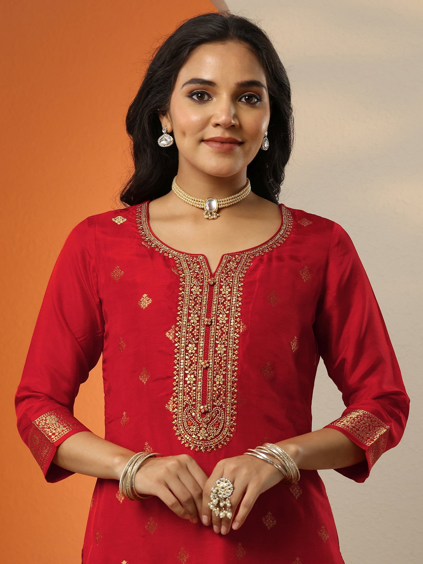 Libas Art Red Woven Design Silk Blend Straight Suit Set With Dupatta