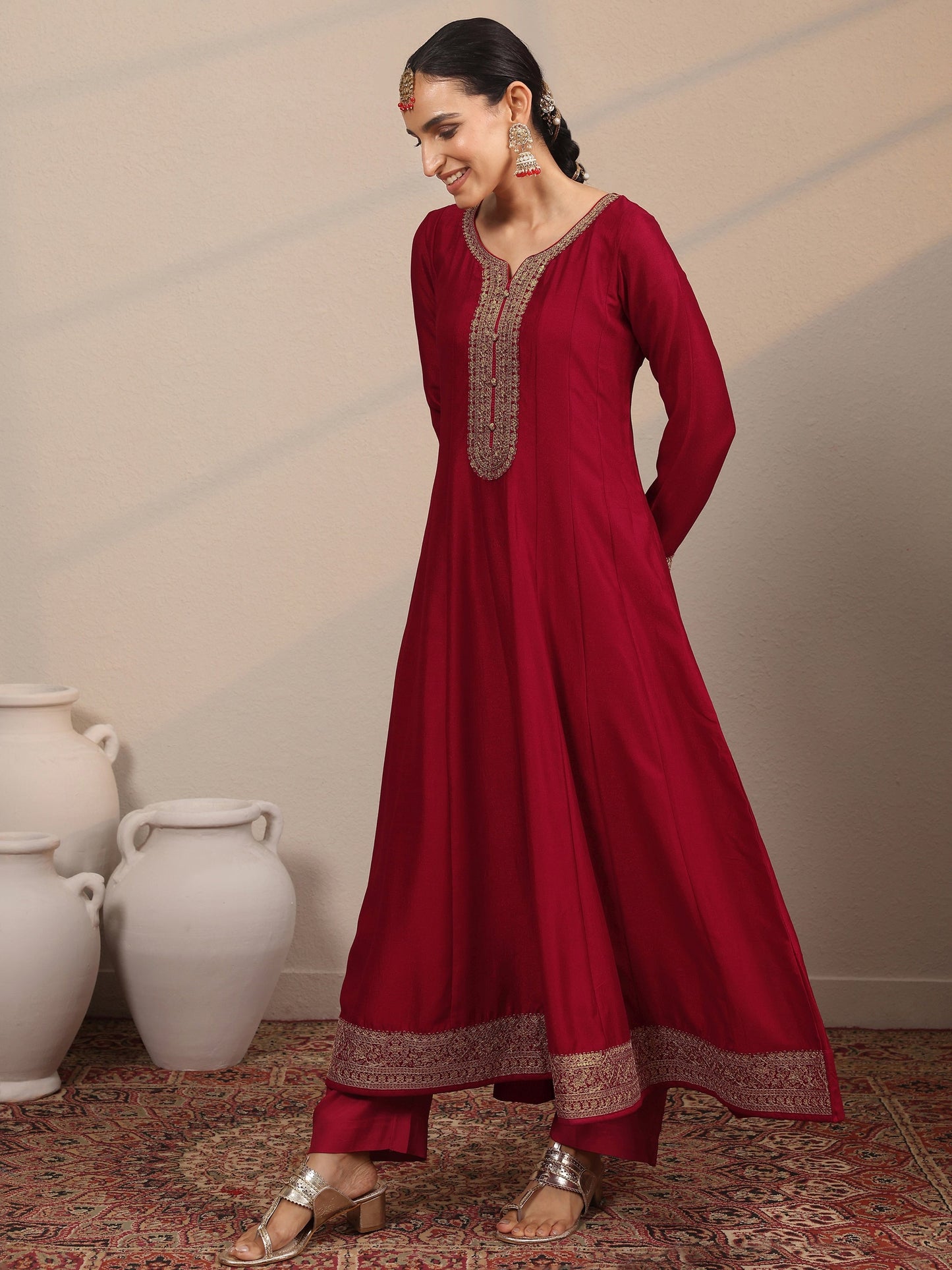 Libas Art Red Yoke Design Silk Blend Anarkali Suit Set With Dupatta