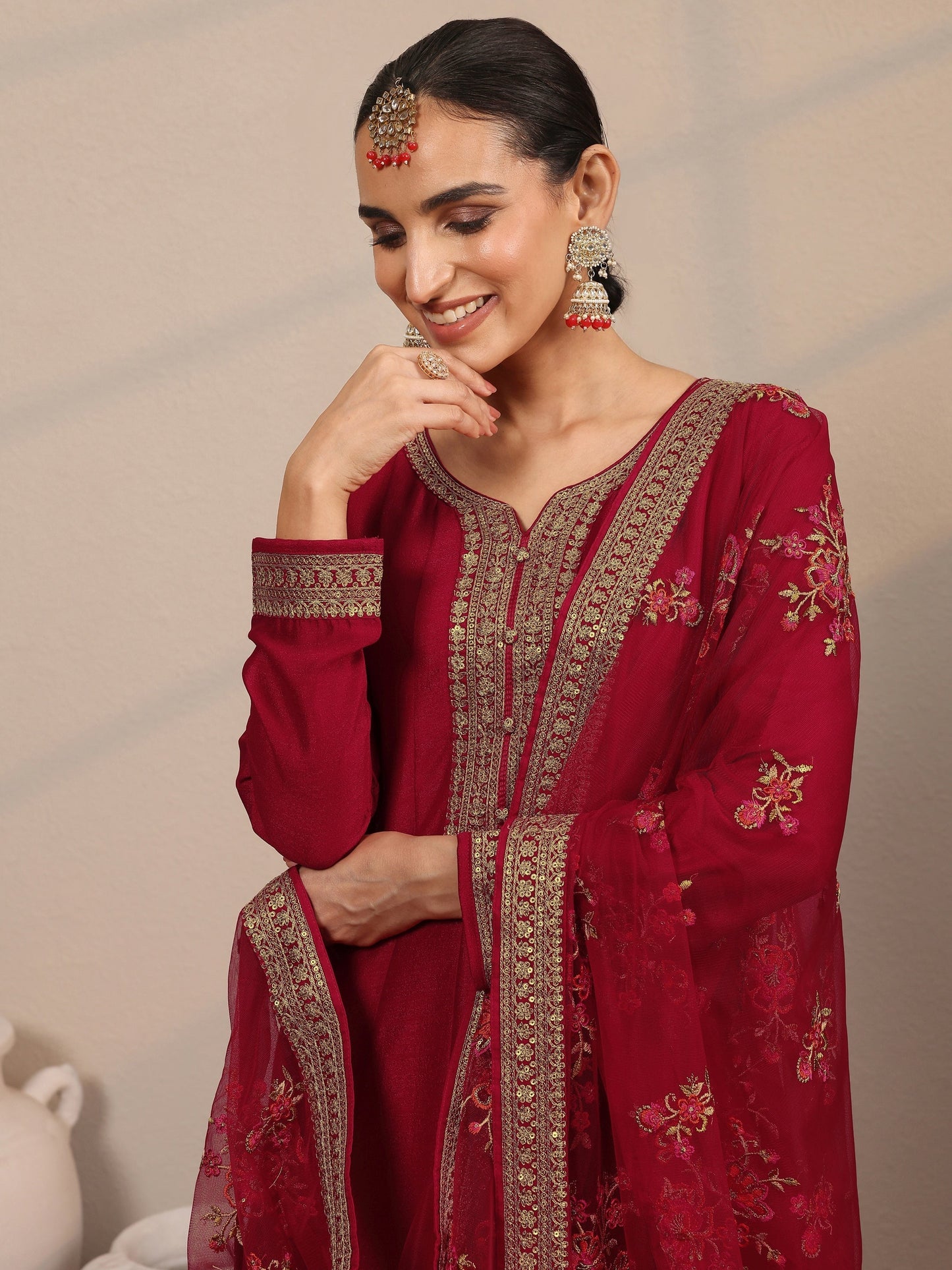 Libas Art Red Yoke Design Silk Blend Anarkali Suit Set With Dupatta