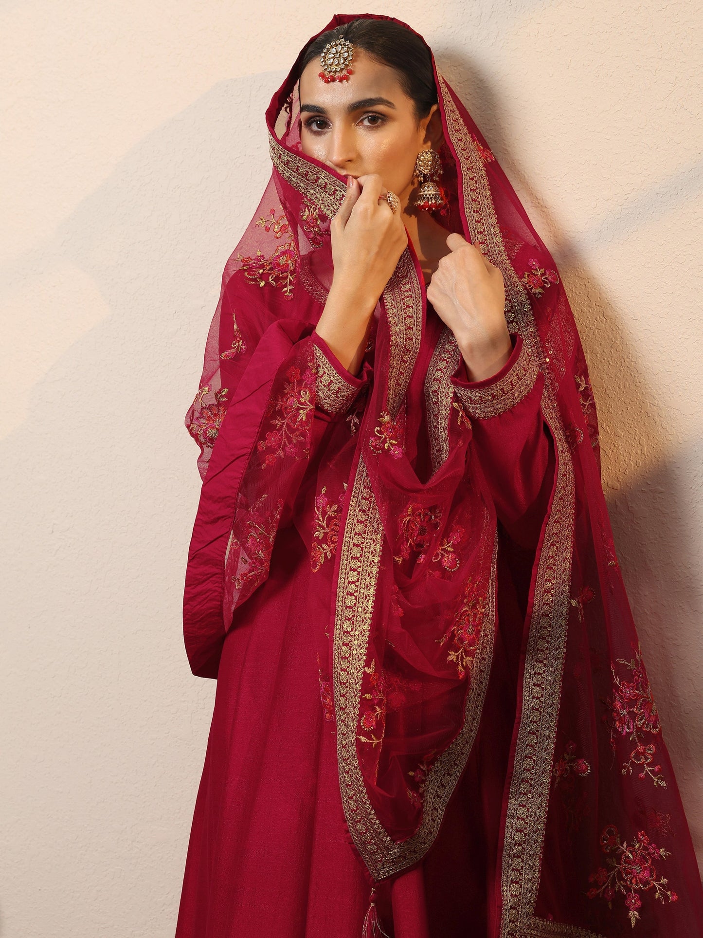 Libas Art Red Yoke Design Silk Blend Anarkali Suit Set With Dupatta