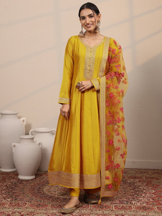 Libas Art Mustard Embroidered Silk Blend Anarkali Suit Set With Dupatta