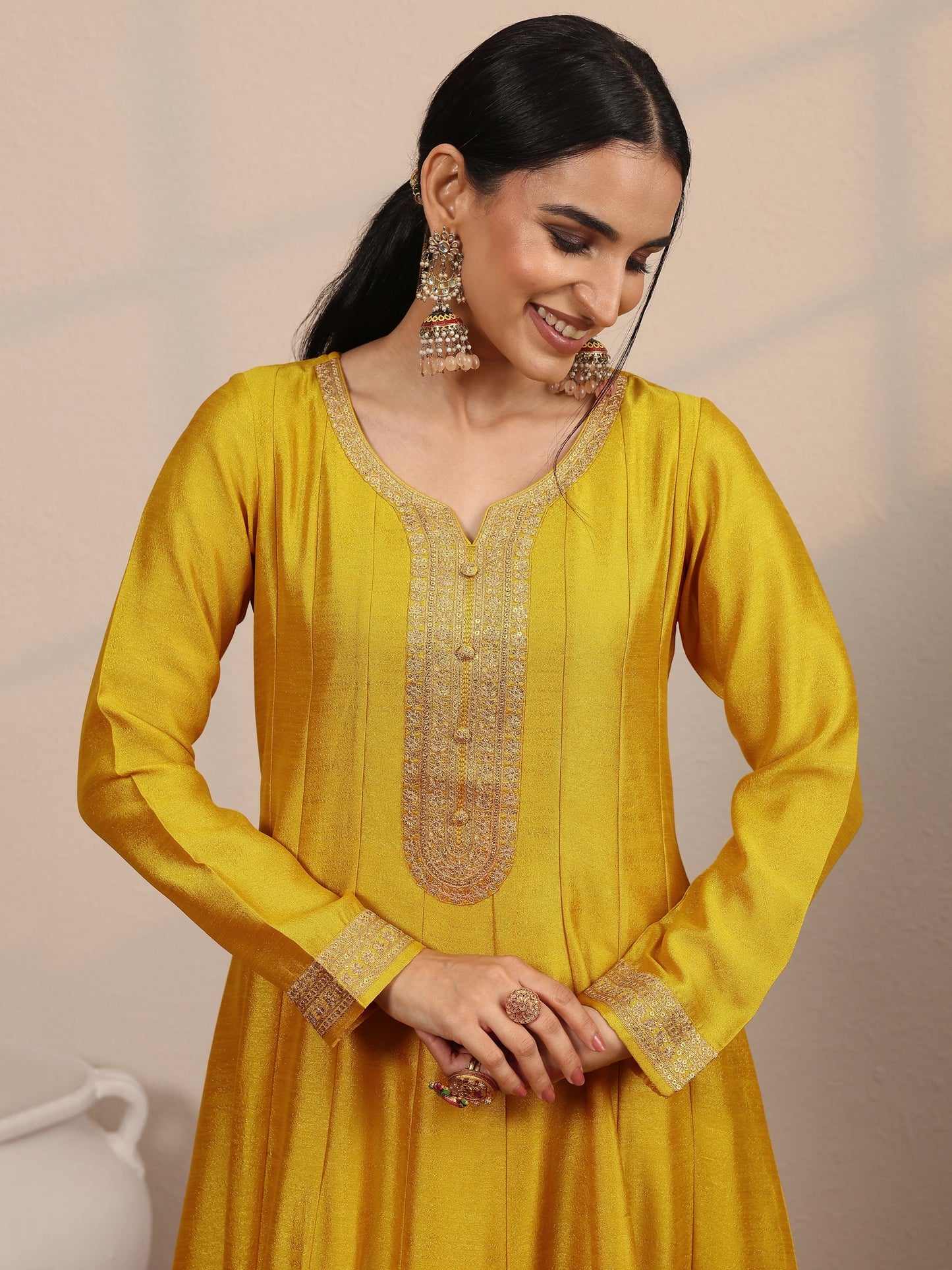 Libas Art Mustard Embroidered Silk Blend Anarkali Suit Set With Dupatta