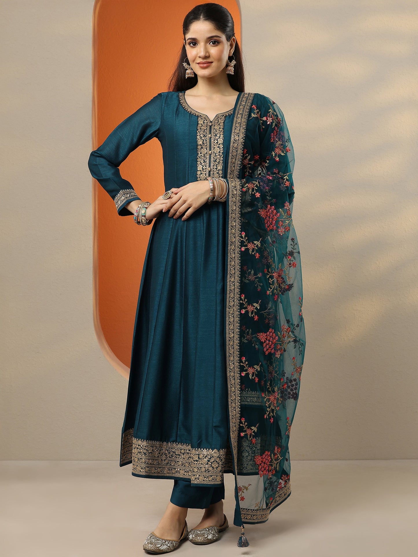 Libas Art Blue Embroidered Silk Blend Anarkali Suit Set With Dupatta