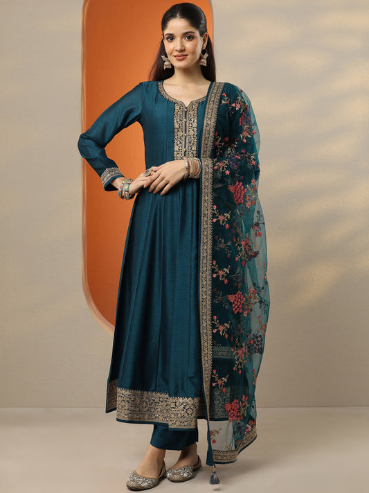 Libas Art Blue Embroidered Silk Blend Anarkali Suit Set With Dupatta