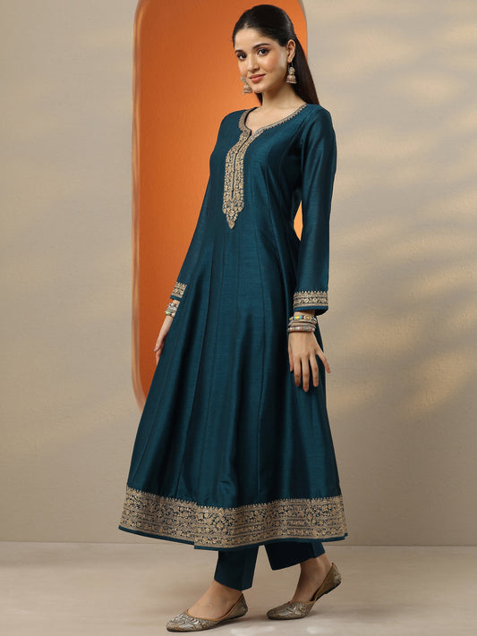 Libas Art Blue Embroidered Silk Blend Anarkali Suit Set With Dupatta