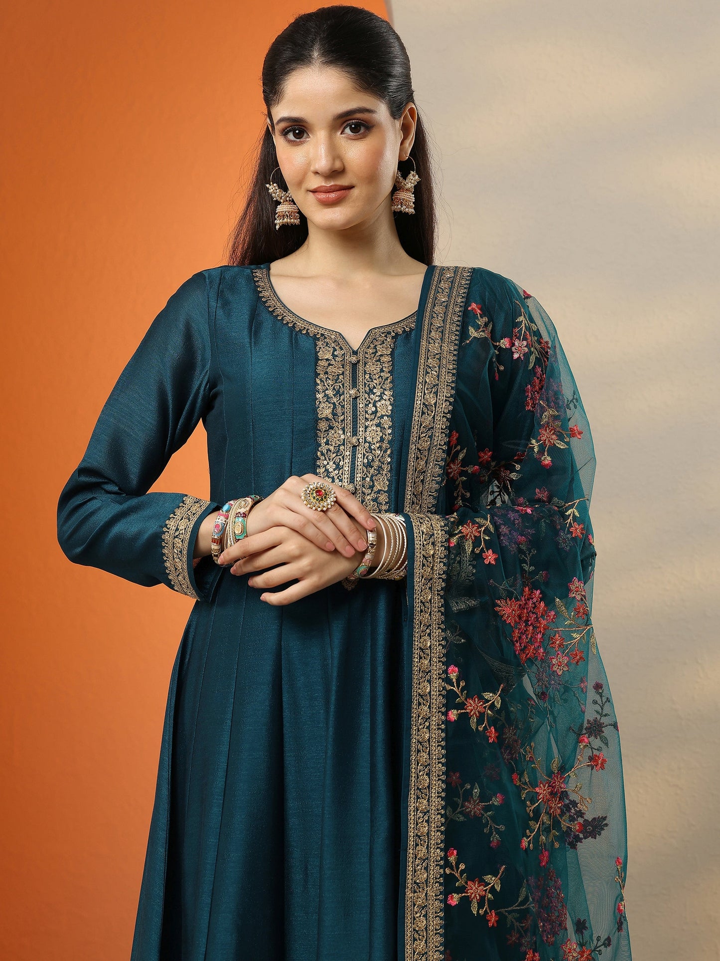 Libas Art Blue Embroidered Silk Blend Anarkali Suit Set With Dupatta