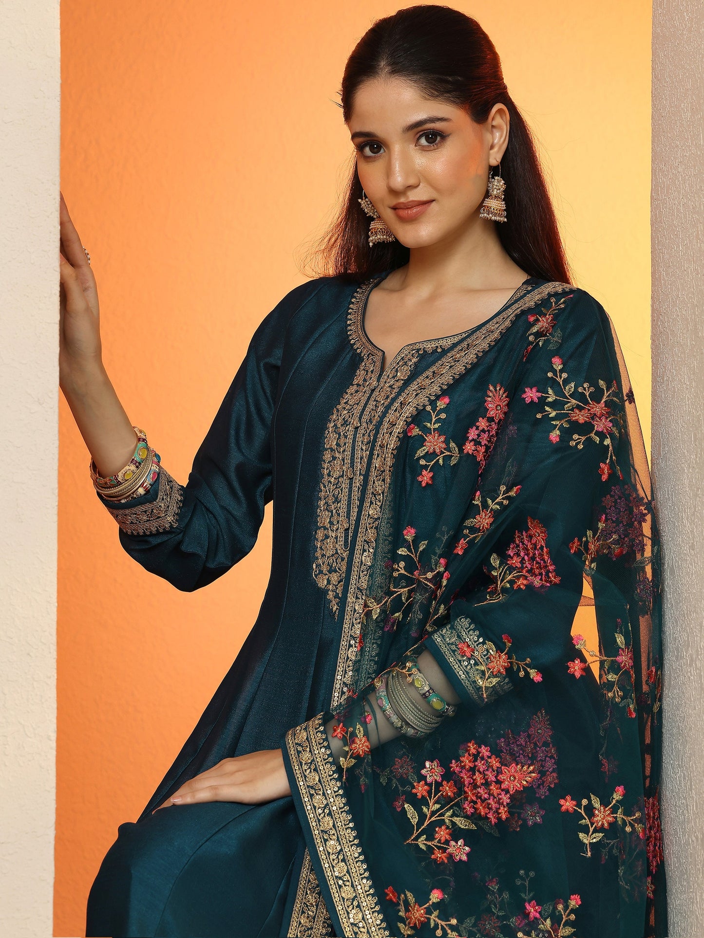 Libas Art Blue Embroidered Silk Blend Anarkali Suit Set With Dupatta