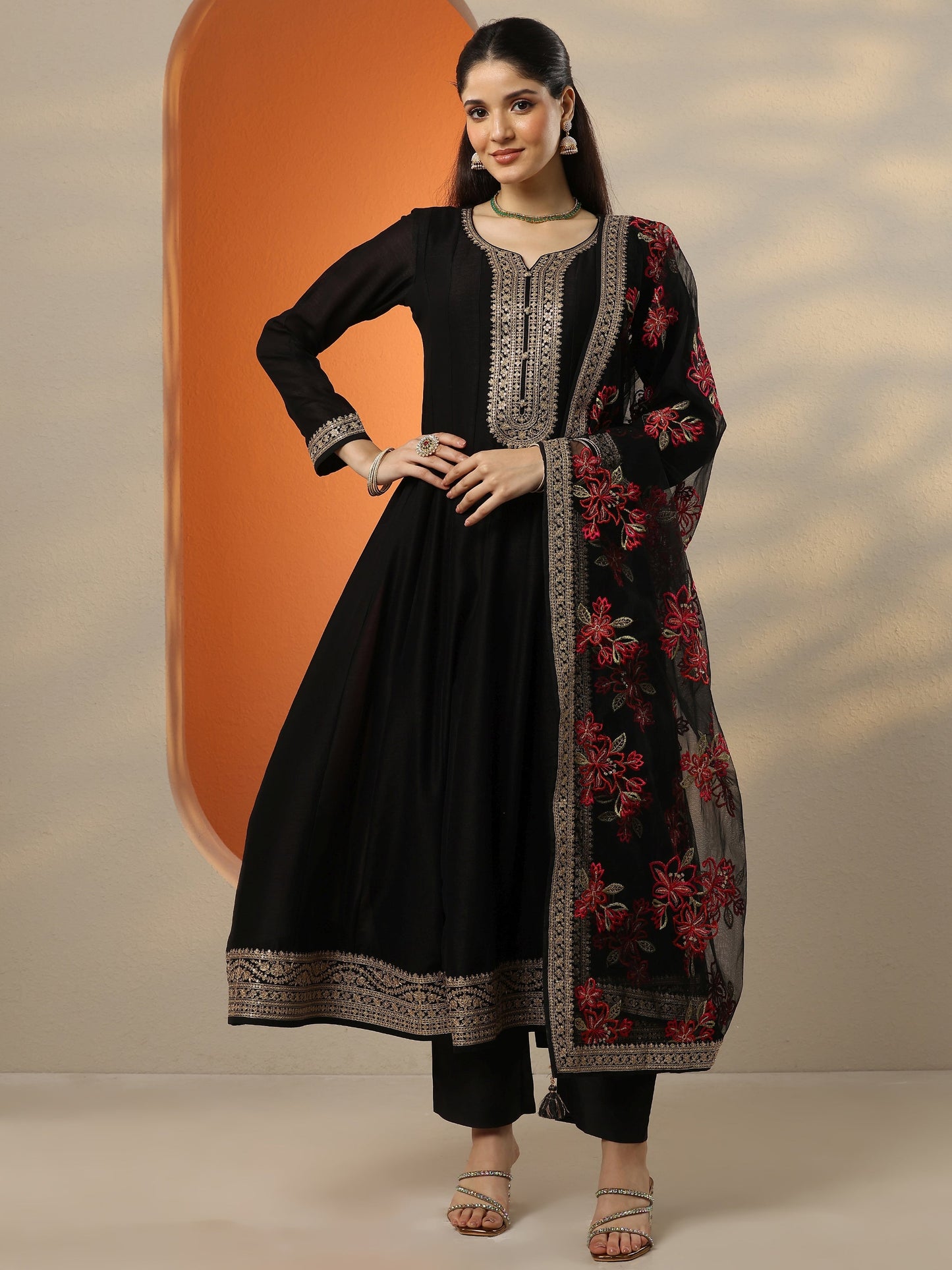 Libas Art Black Embroidered Silk Blend Anarkali Suit Set With Dupatta
