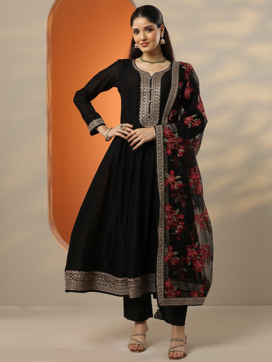 Libas Art Black Embroidered Silk Blend Anarkali Suit Set With Dupatta