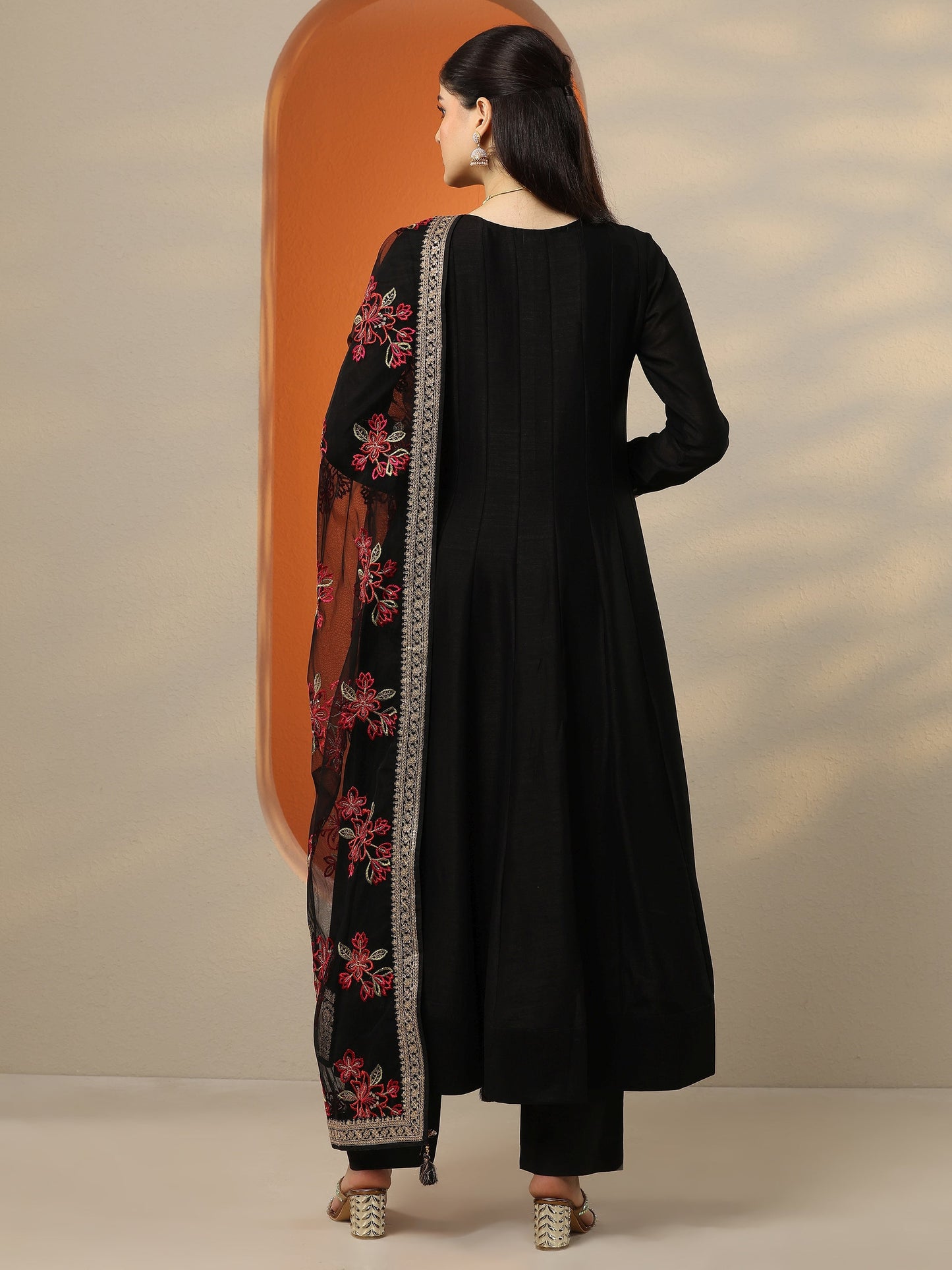 Libas Art Black Embroidered Silk Blend Anarkali Suit Set With Dupatta