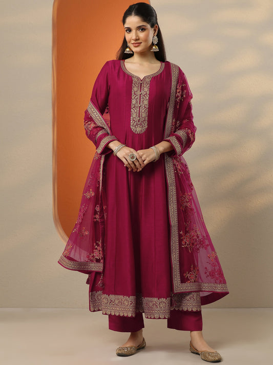 Libas Art Pink Embroidered Silk Blend Anarkali Suit Set With Dupatta
