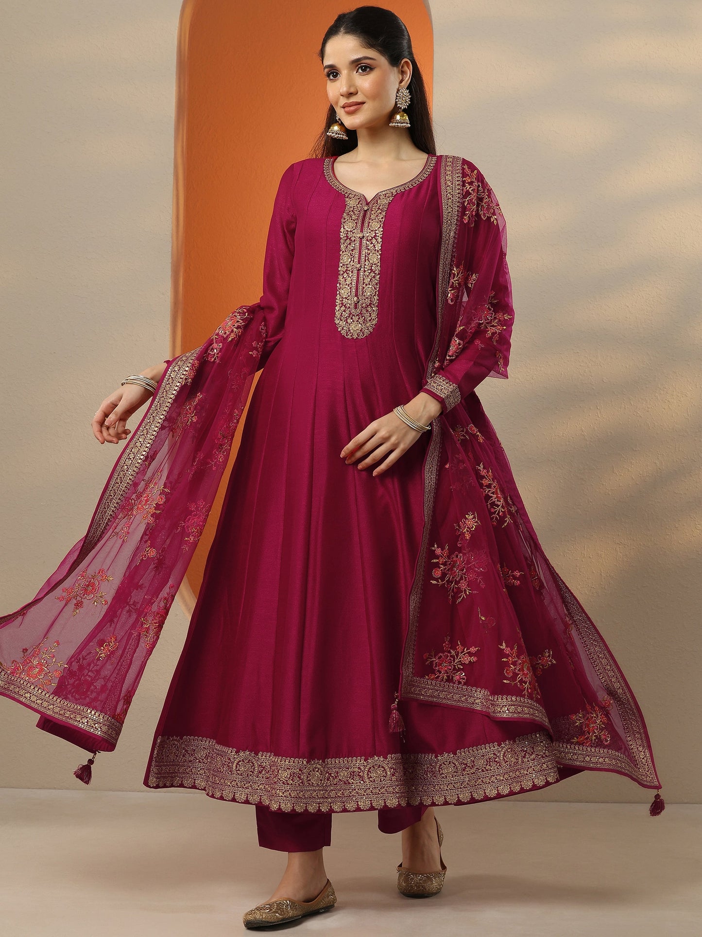 Libas Art Pink Embroidered Silk Blend Anarkali Suit Set With Dupatta