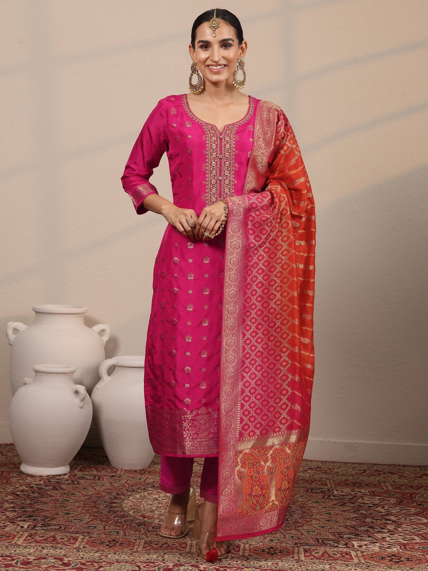 Libas Art Pink Woven Design Silk Blend Straight Suit Set With Dupatta