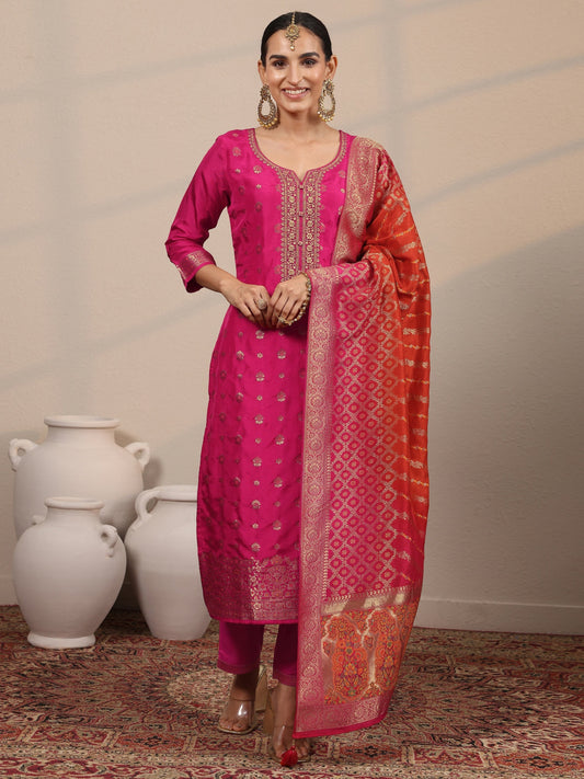 Libas Art Pink Woven Design Silk Blend Straight Suit Set With Dupatta
