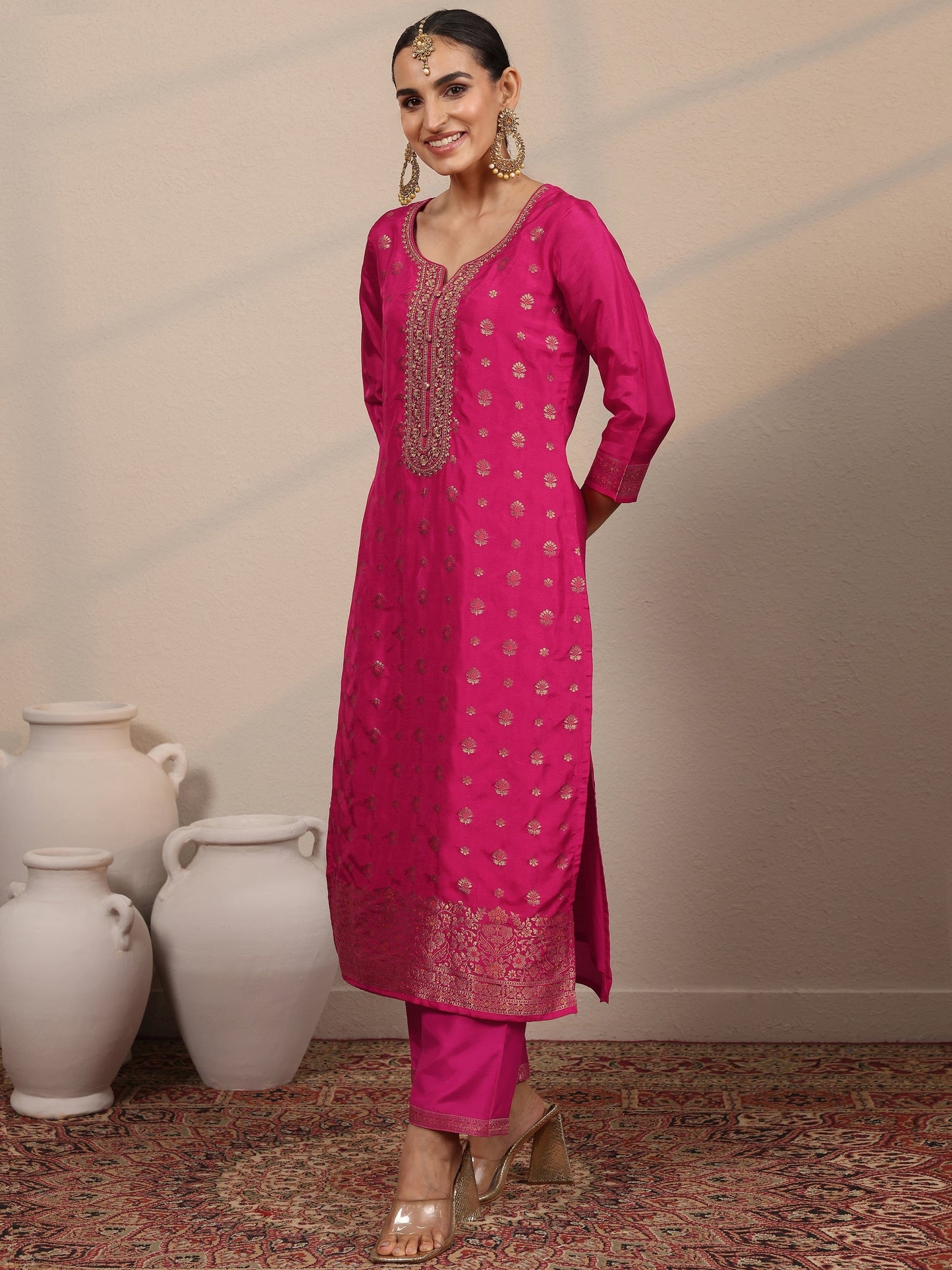 Libas Art Pink Woven Design Silk Blend Straight Suit Set With Dupatta
