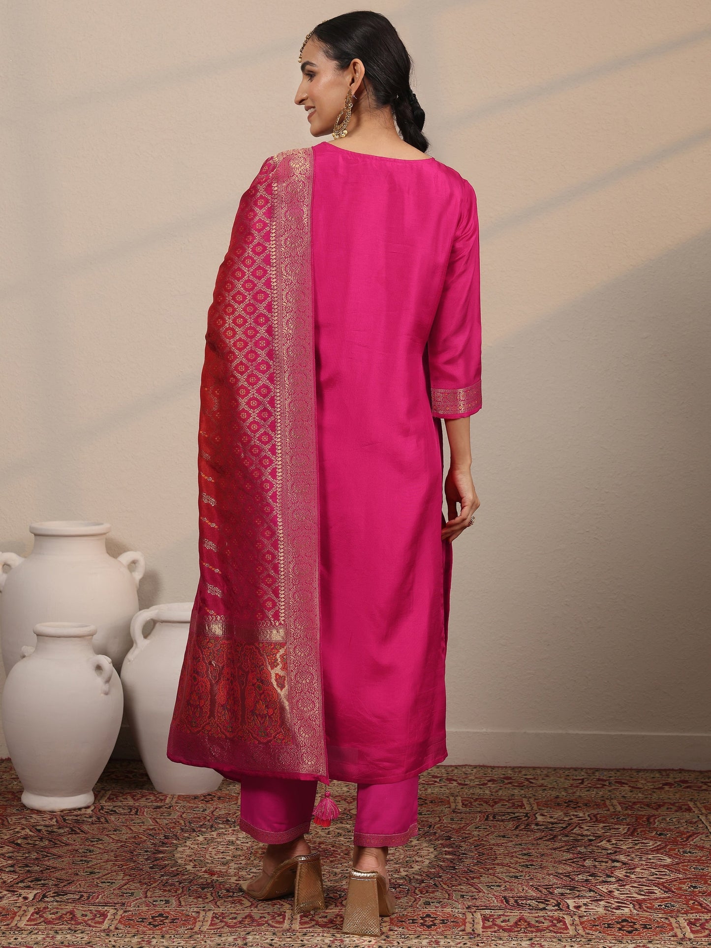 Libas Art Pink Woven Design Silk Blend Straight Suit Set With Dupatta