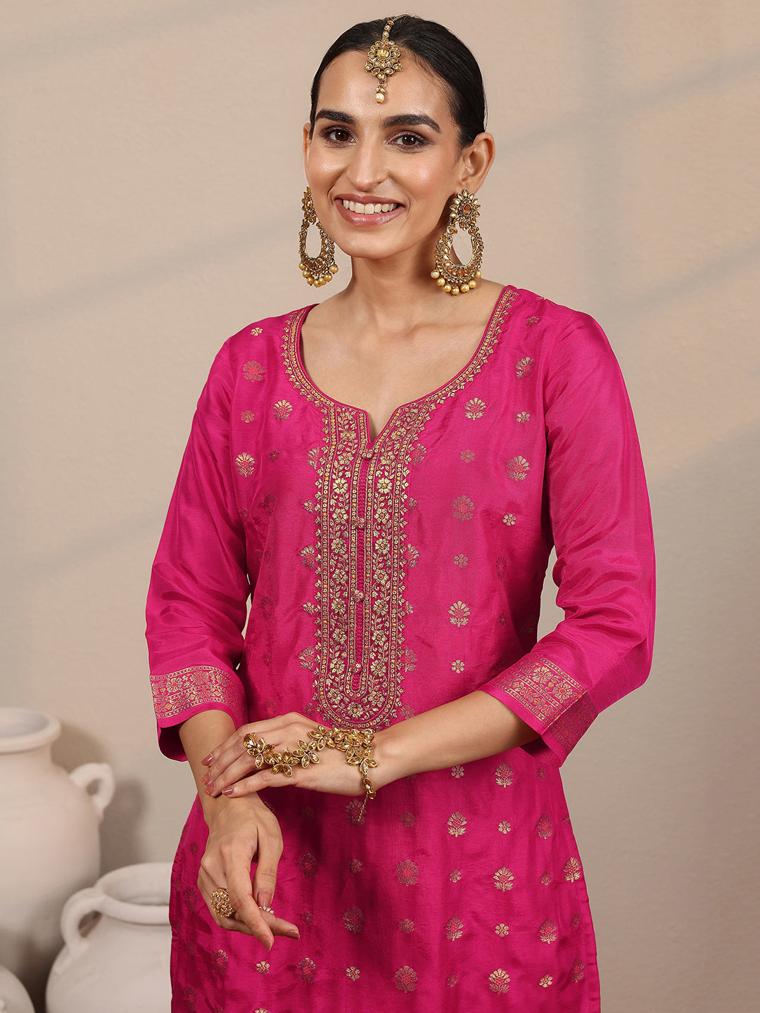 Libas Art Pink Woven Design Silk Blend Straight Suit Set With Dupatta