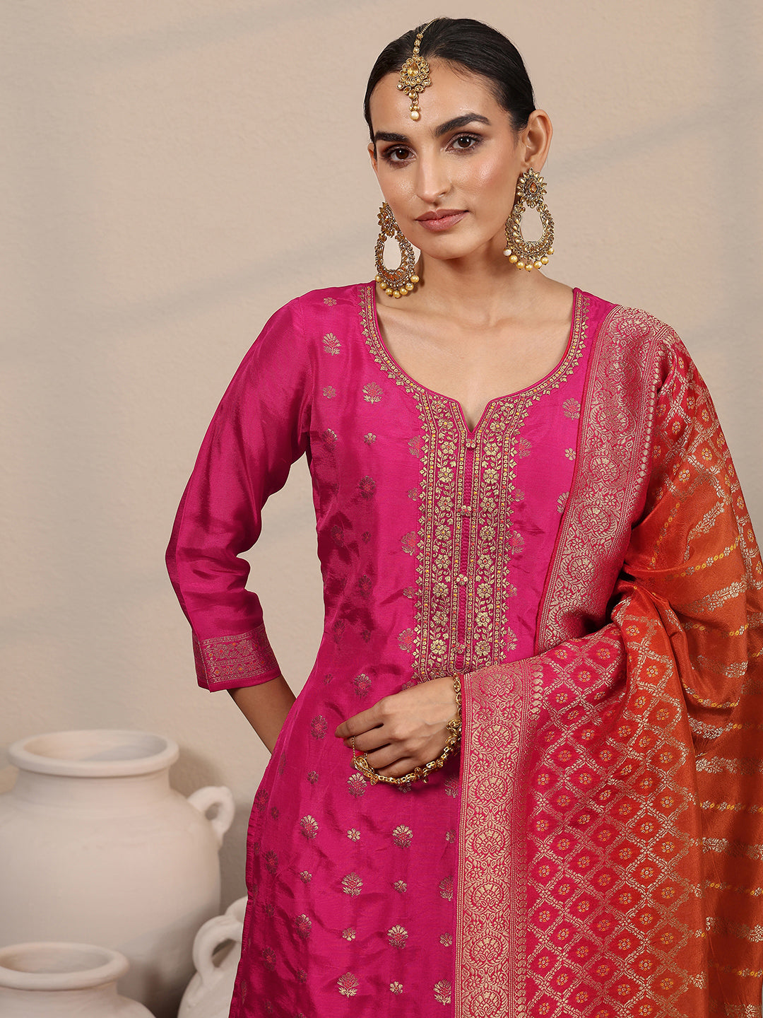 Libas Art Pink Woven Design Silk Blend Straight Suit Set With Dupatta