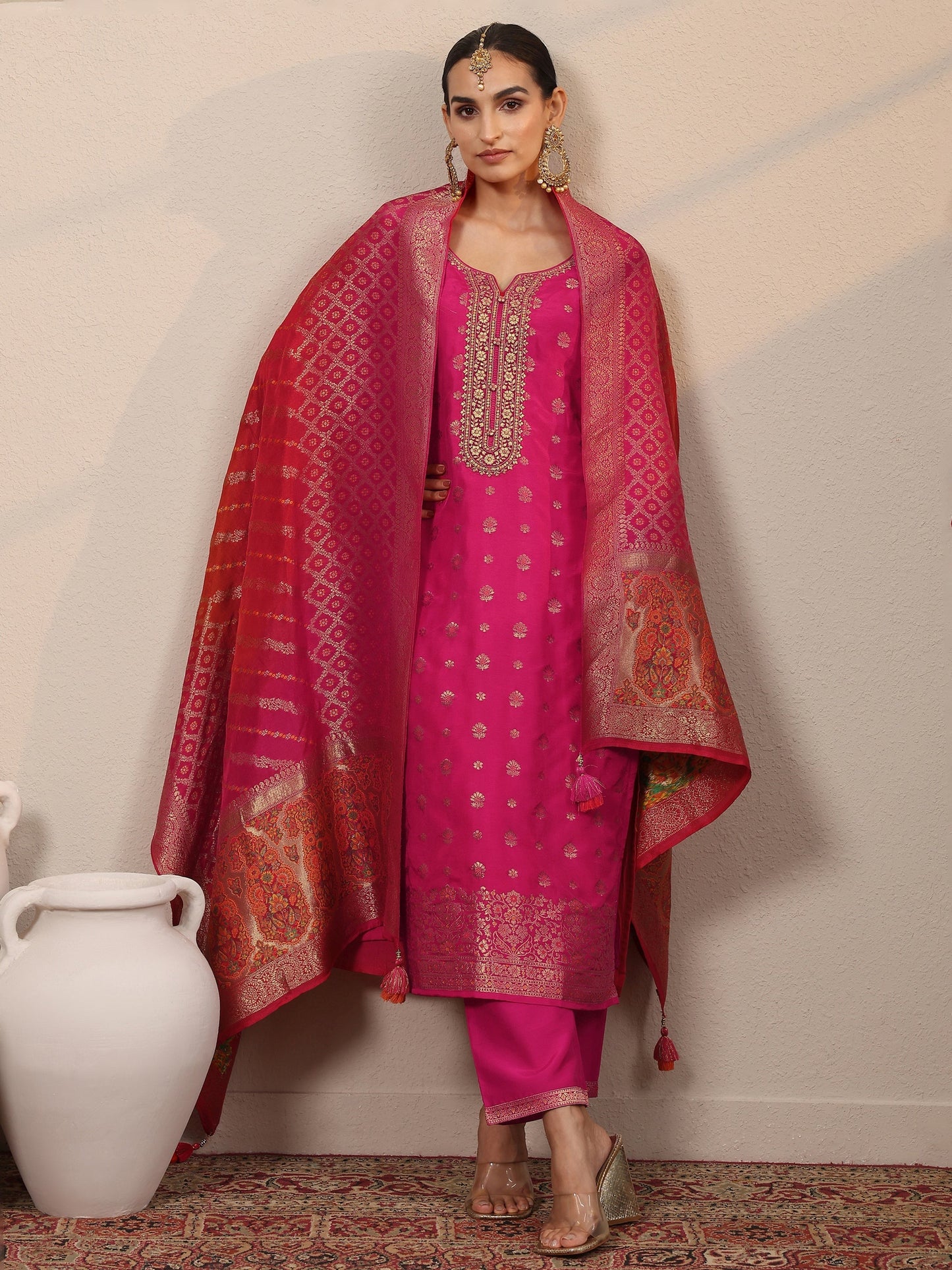 Libas Art Pink Woven Design Silk Blend Straight Suit Set With Dupatta