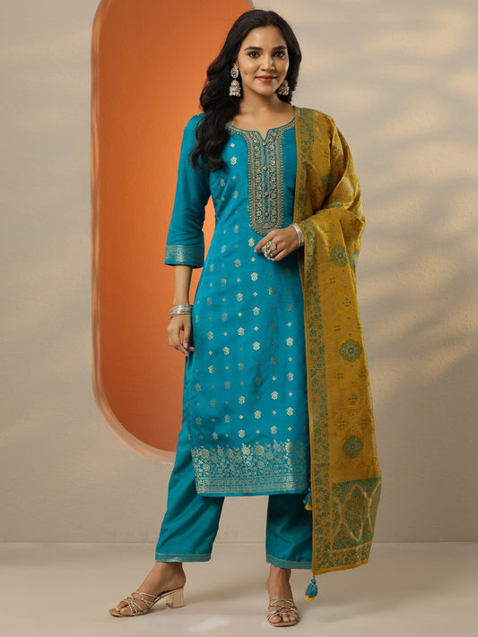 Libas Art Blue Woven Design Silk Blend Straight Suit Set With Dupatta
