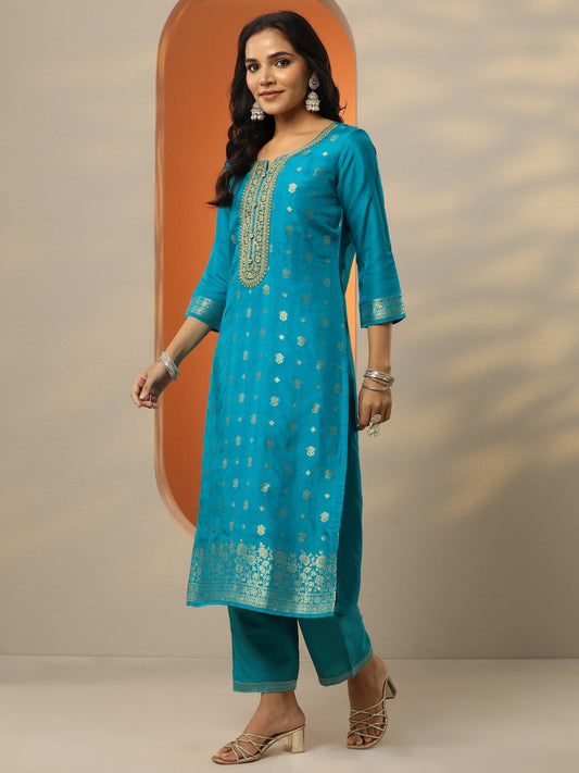 Libas Art Blue Woven Design Silk Blend Straight Suit Set With Dupatta