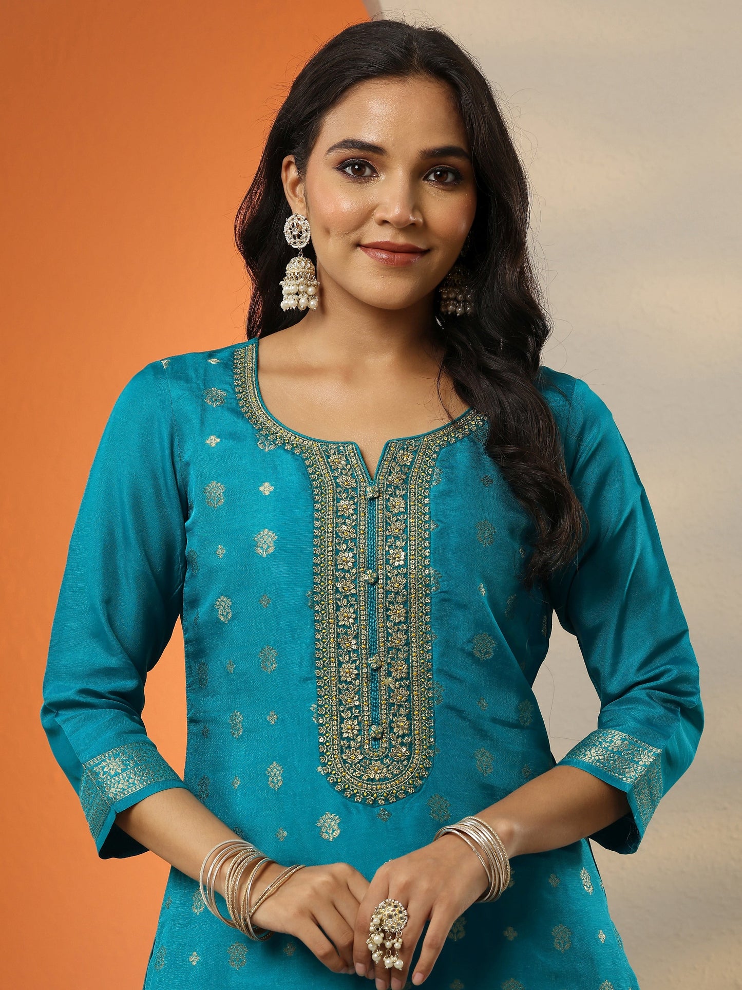 Libas Art Blue Woven Design Silk Blend Straight Suit Set With Dupatta