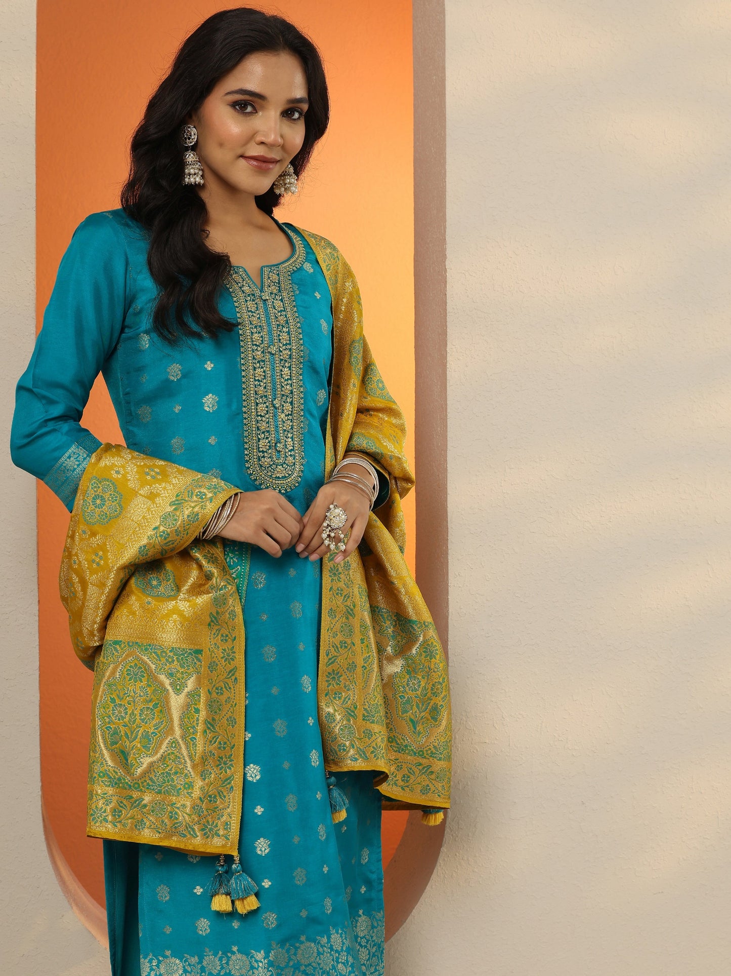 Libas Art Blue Woven Design Silk Blend Straight Suit Set With Dupatta