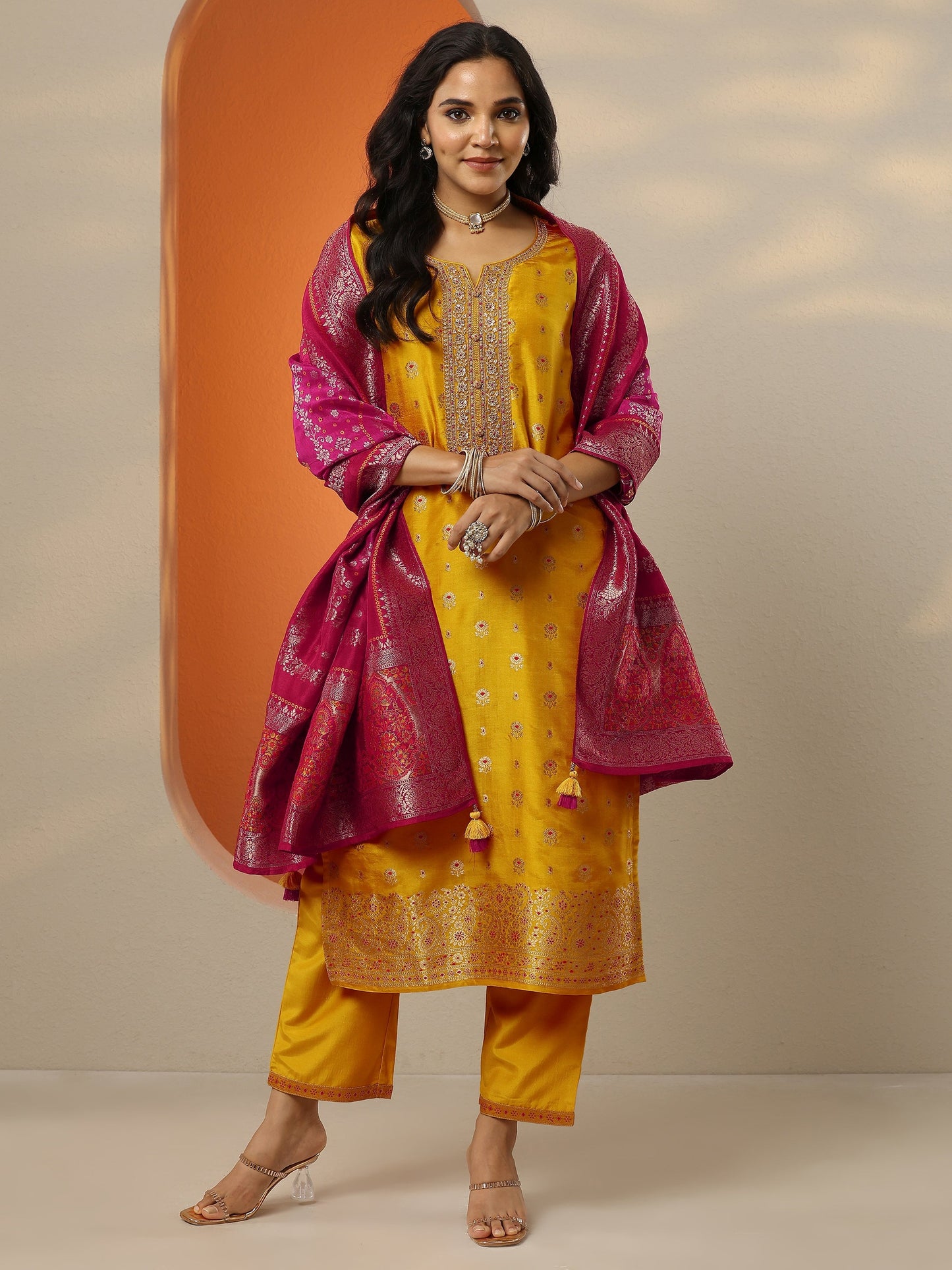 Libas Art Mustard Woven Design Silk Blend Straight Suit Set With Dupatta