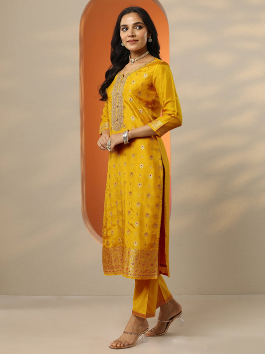 Libas Art Mustard Woven Design Silk Blend Straight Suit Set With Dupatta