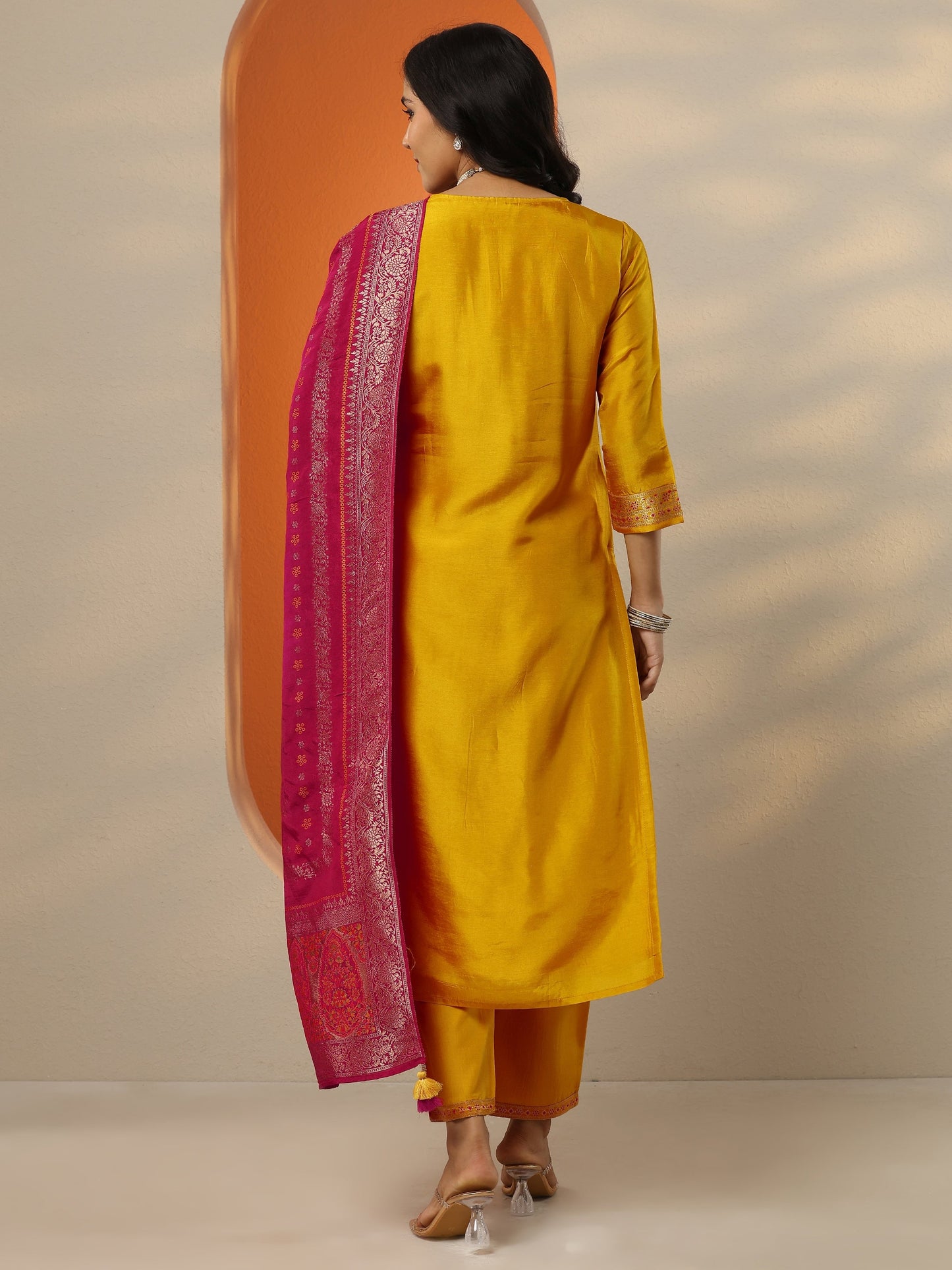 Libas Art Mustard Woven Design Silk Blend Straight Suit Set With Dupatta