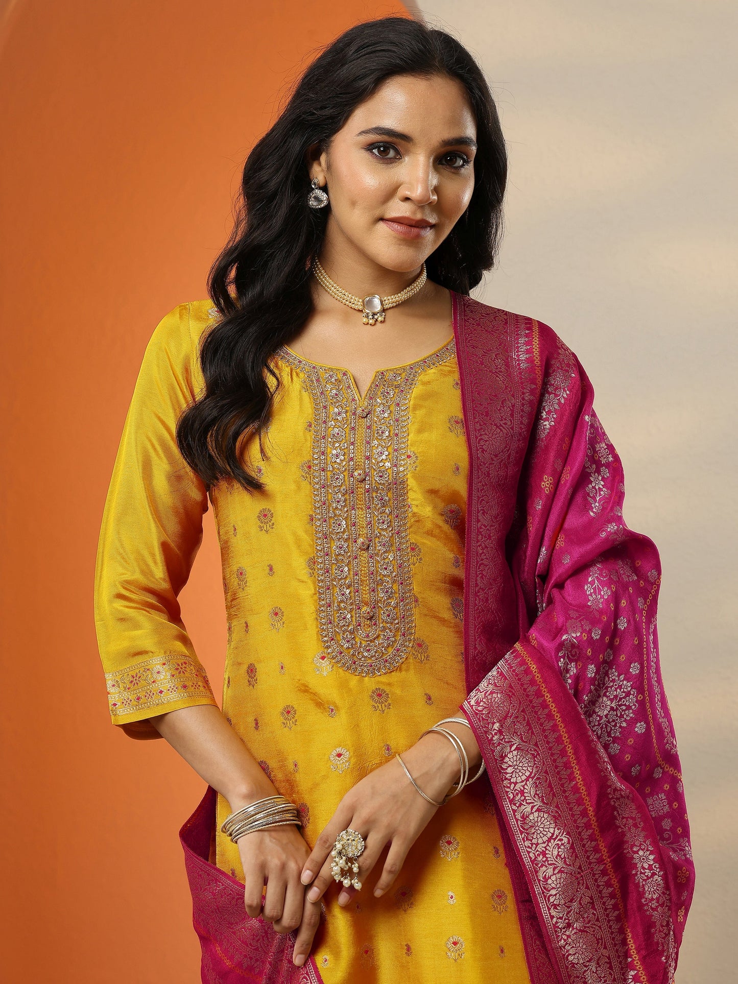 Libas Art Mustard Woven Design Silk Blend Straight Suit Set With Dupatta