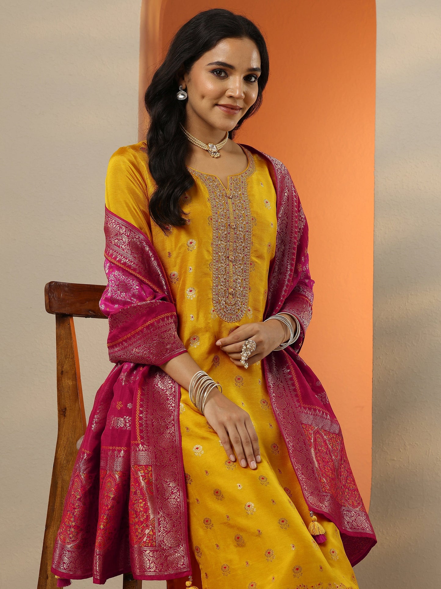 Libas Art Mustard Woven Design Silk Blend Straight Suit Set With Dupatta