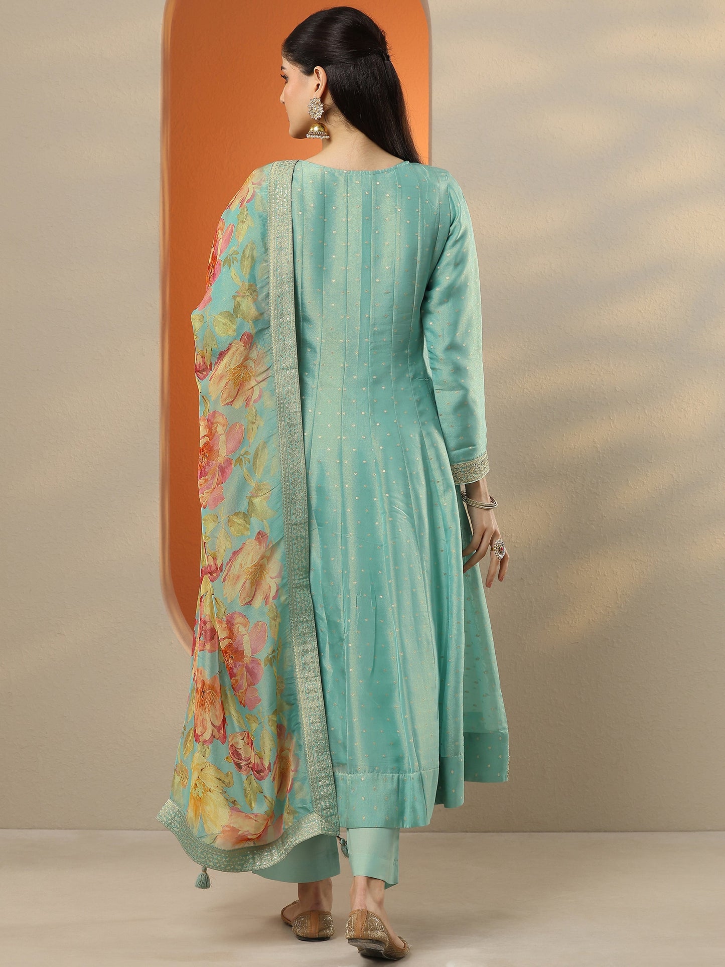 Libas Art Blue Embroidered Silk Blend Anarkali Suit Set With Dupatta