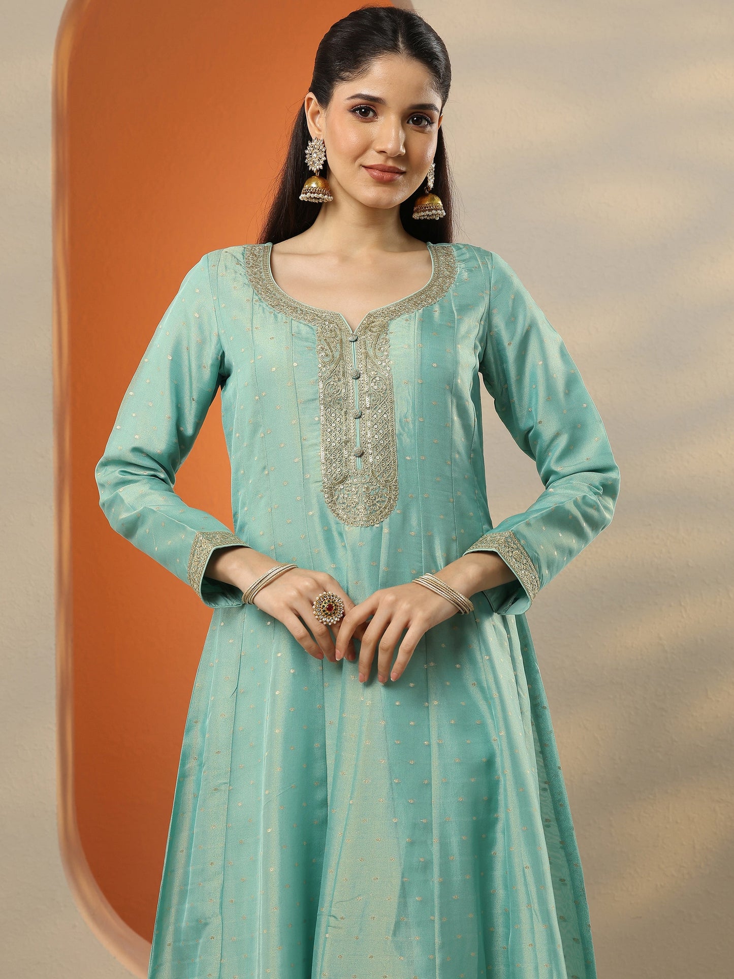 Libas Art Blue Embroidered Silk Blend Anarkali Suit Set With Dupatta