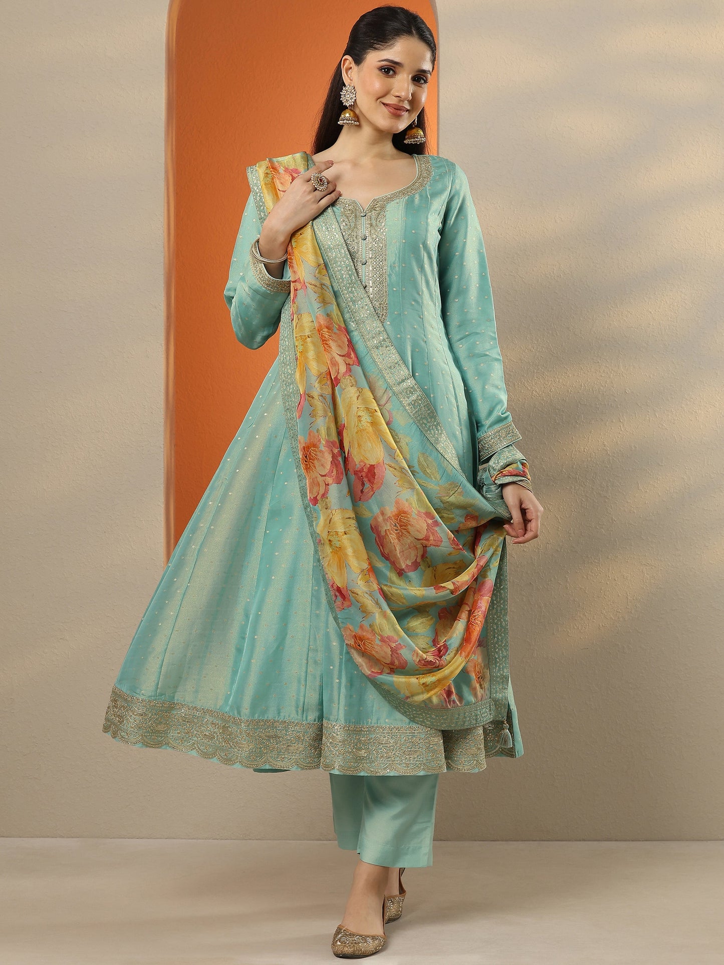 Libas Art Blue Embroidered Silk Blend Anarkali Suit Set With Dupatta