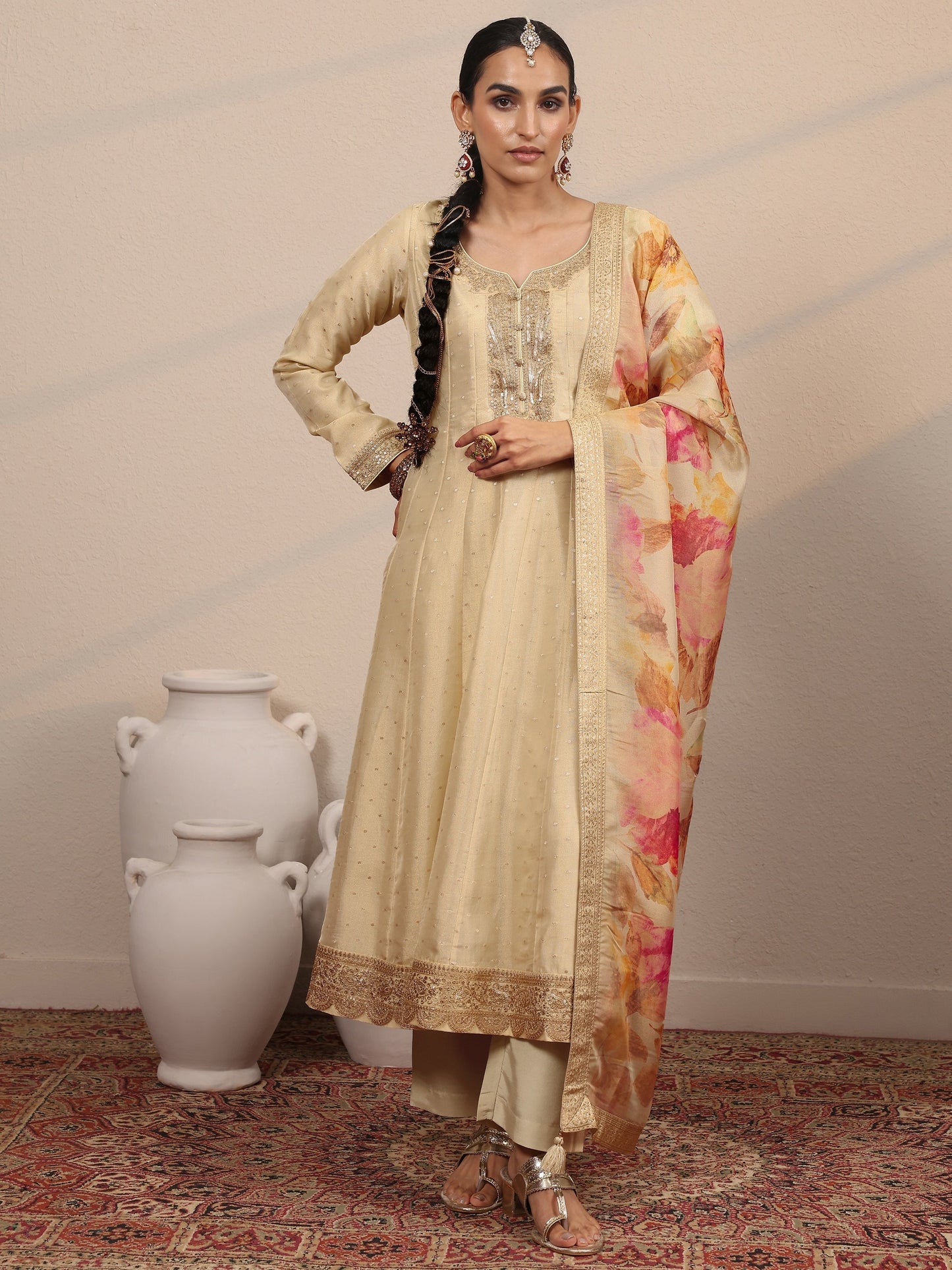 Libas Art Beige Embroidered Silk Blend Anarkali Suit Set With Dupatta