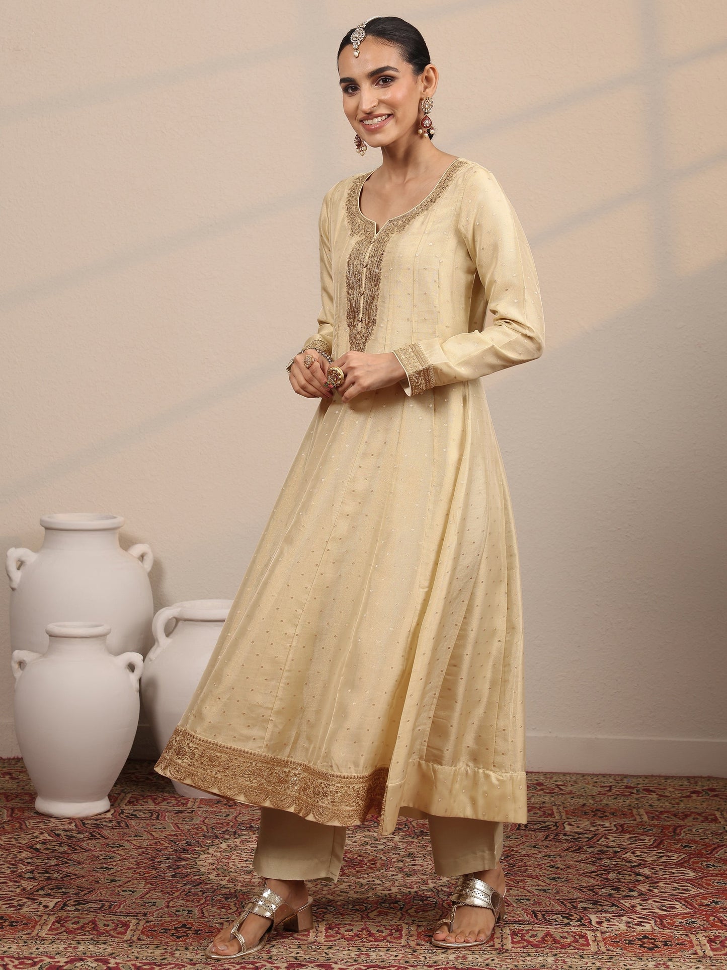 Libas Art Beige Embroidered Silk Blend Anarkali Suit Set With Dupatta