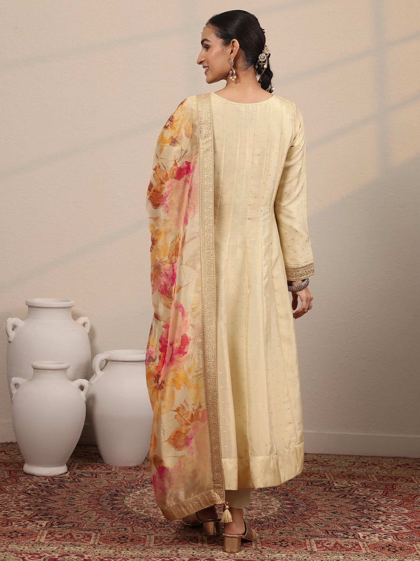 Libas Art Beige Embroidered Silk Blend Anarkali Suit Set With Dupatta