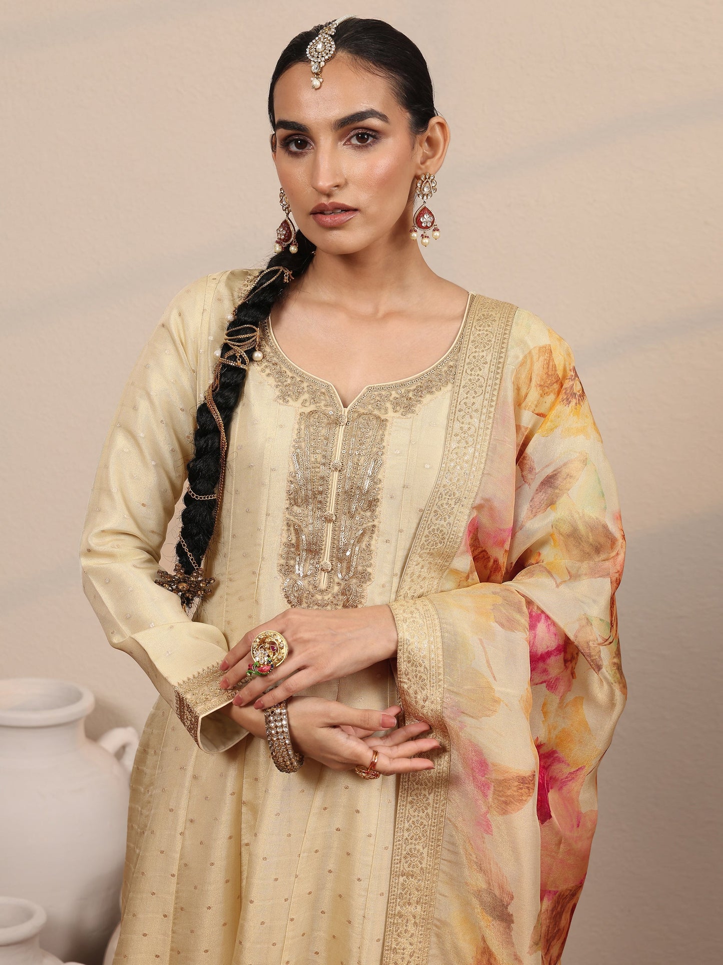 Libas Art Beige Embroidered Silk Blend Anarkali Suit Set With Dupatta