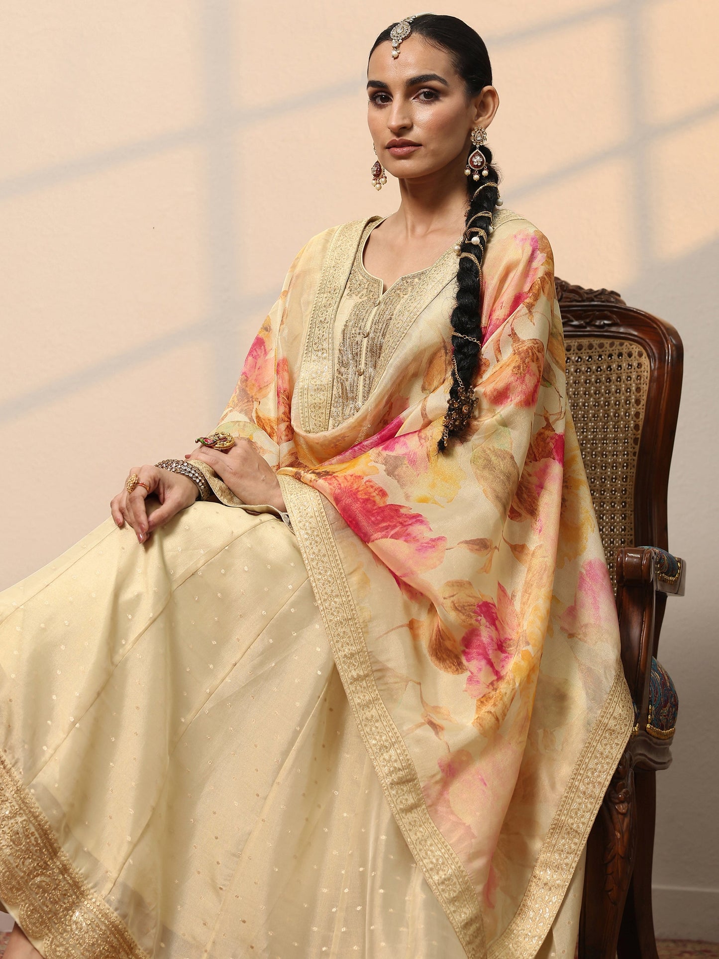 Libas Art Beige Embroidered Silk Blend Anarkali Suit Set With Dupatta