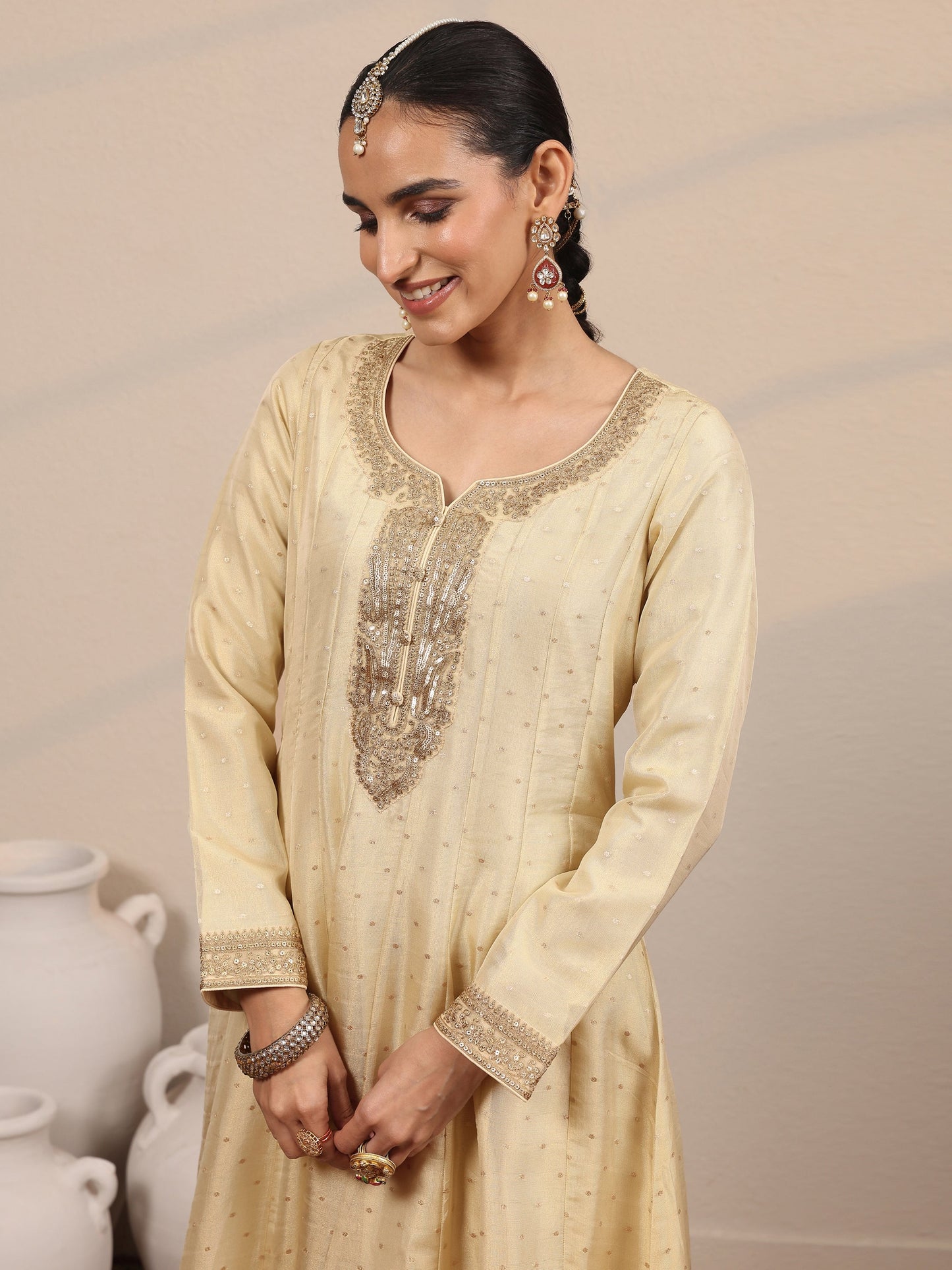 Libas Art Beige Embroidered Silk Blend Anarkali Suit Set With Dupatta