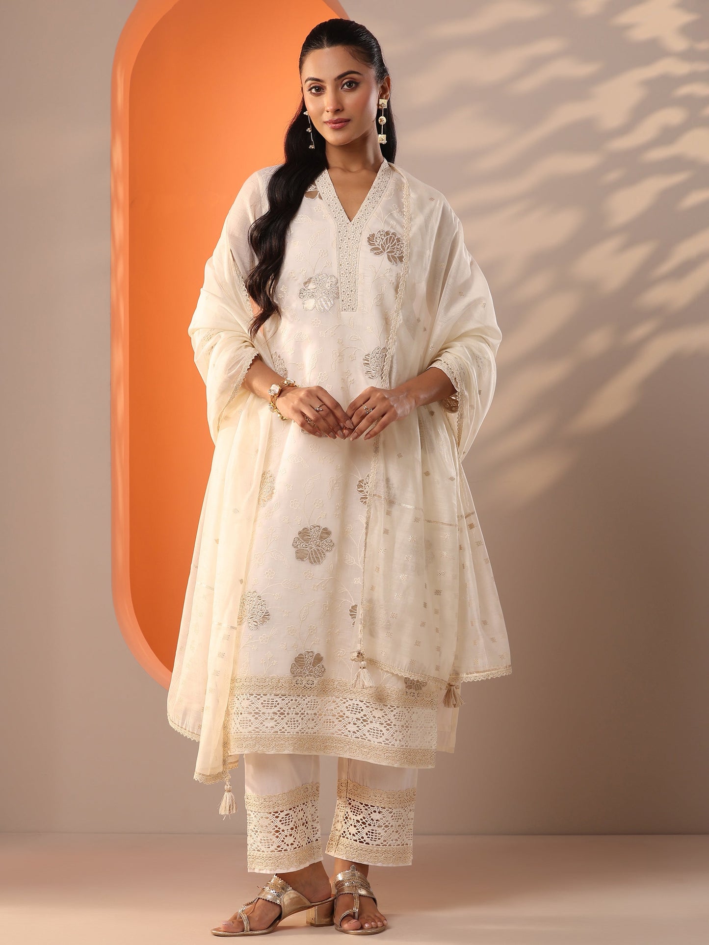 Libas Art Off White Embroidered Silk Blend Straight Suit Set With Dupatta