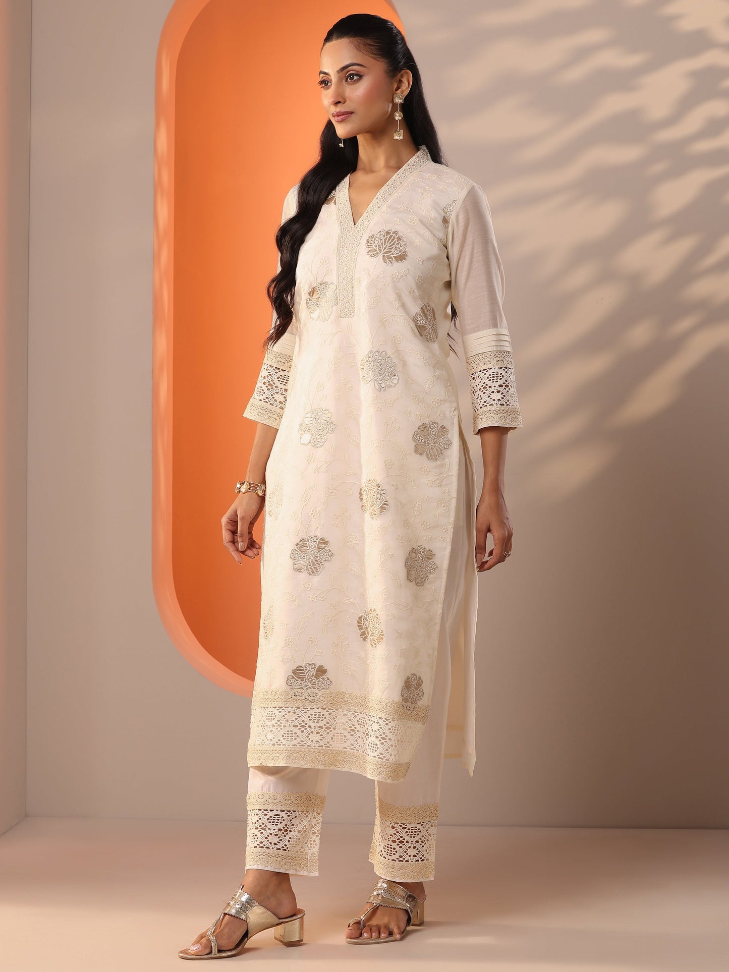 Libas Art Off White Embroidered Silk Blend Straight Suit Set With Dupatta