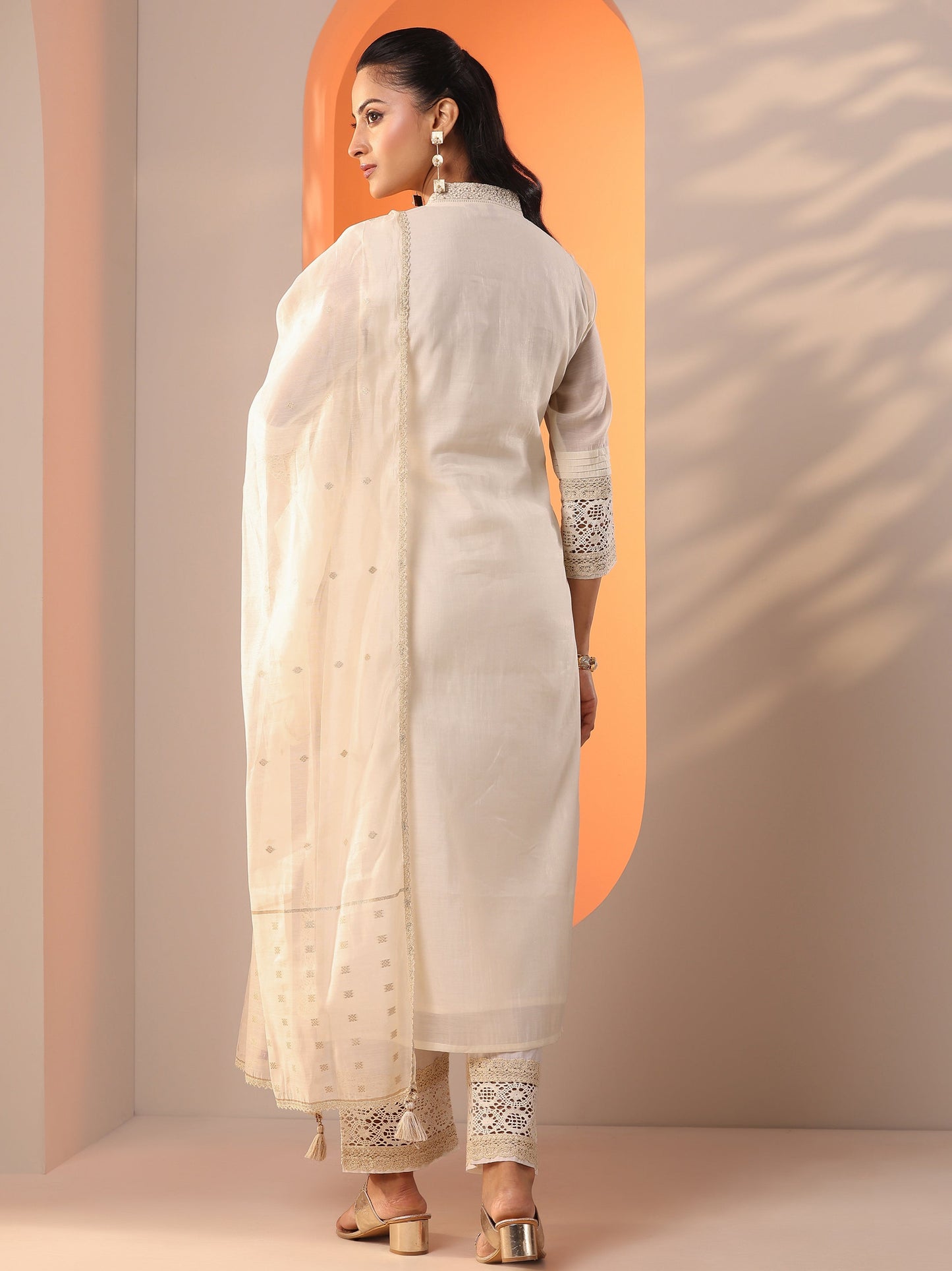 Libas Art Off White Embroidered Silk Blend Straight Suit Set With Dupatta