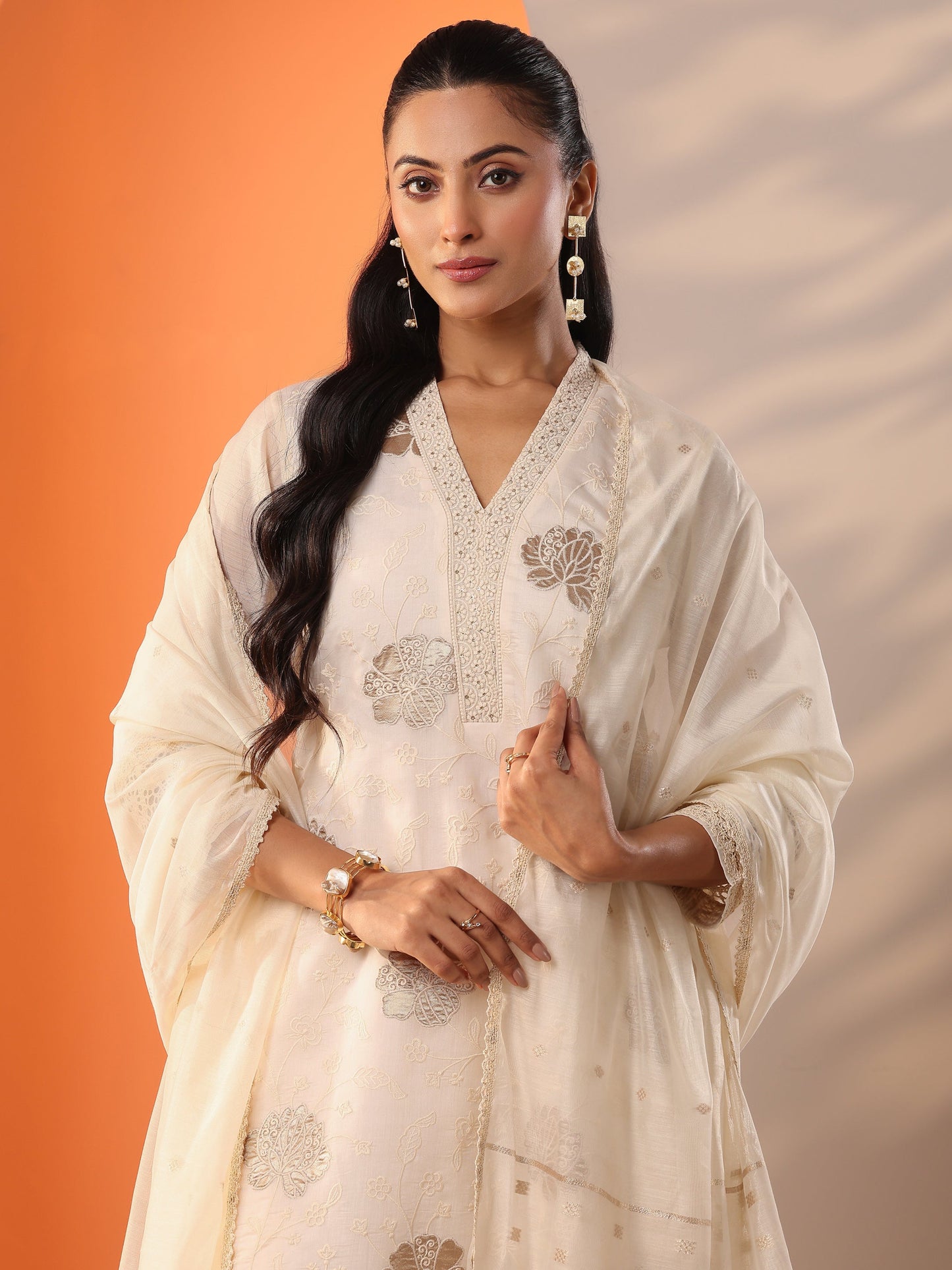 Libas Art Off White Embroidered Silk Blend Straight Suit Set With Dupatta