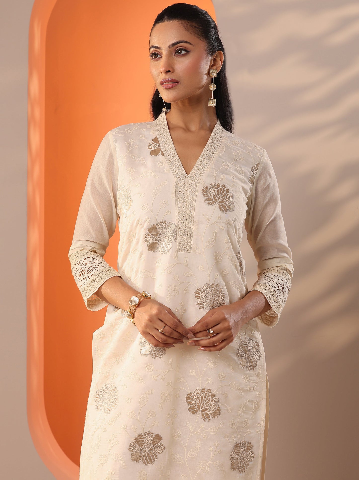 Libas Art Off White Embroidered Silk Blend Straight Suit Set With Dupatta