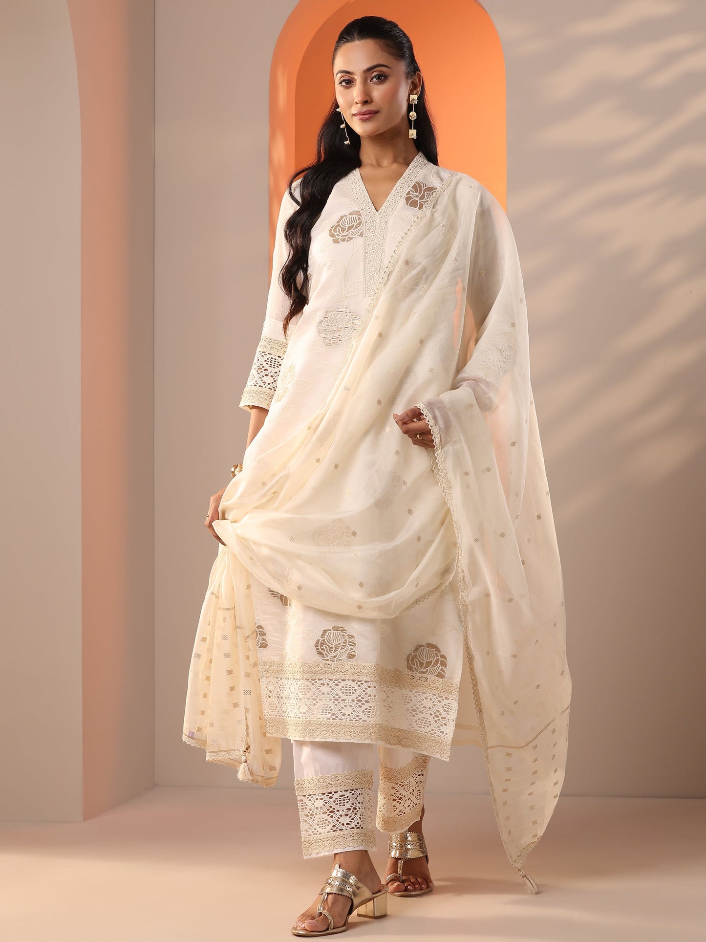 Libas Art Off White Embroidered Silk Blend Straight Suit Set With Dupatta