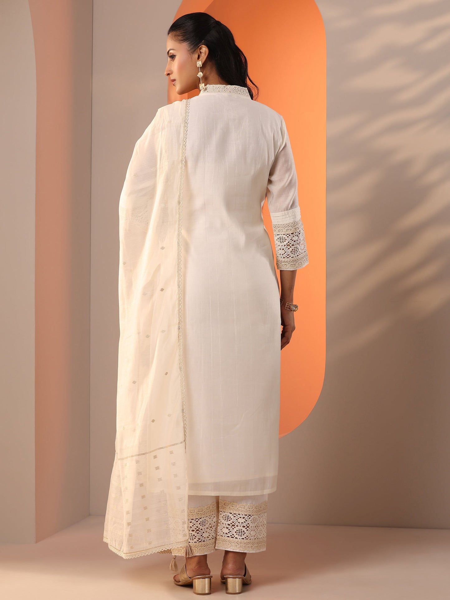 Libas Art Off White Embroidered Silk Blend Straight Suit Set With Dupatta