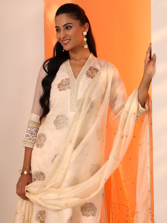 Libas Art Off White Embroidered Silk Blend Straight Suit Set With Dupatta